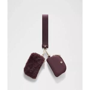 LULULEMON women's dual pouch plush fleece wristlet in black plum/gold rhinestone